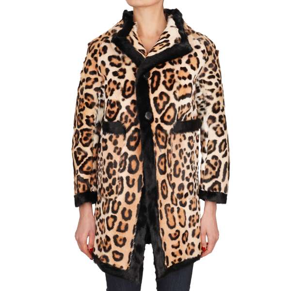  Leopard print goat fur Jacket / Coat with two pockets in black and beige by DSQUARED2