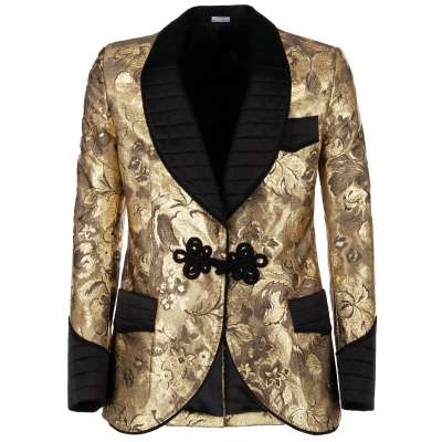 Baroque Floral Tuxedo Blazer with Rope Closure Black Gold