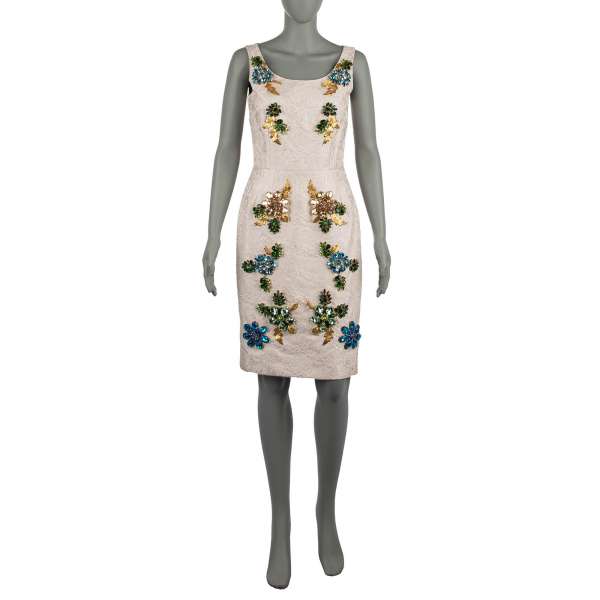 Silk blend Brocade dress with embroidered crystal flowers and petals in white by DOLCE & GABBANA