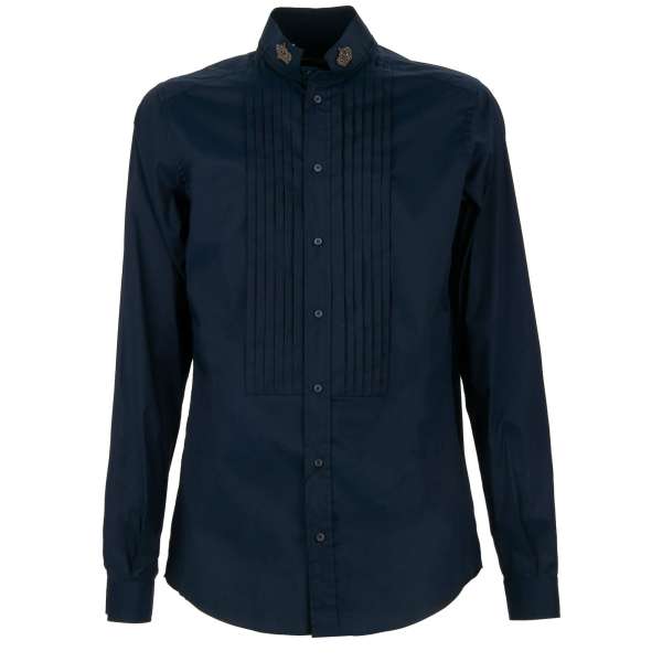 Cotton shirt with embroidered pearl crowns and stand-up collar in blue by DOLCE & GABBANA
