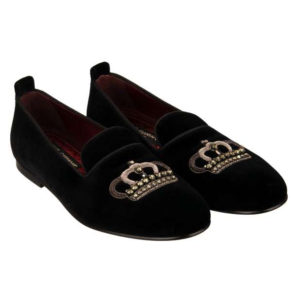 Velvet loafer shoes YOUNG POPE with crystals embroidered crown in black by DOLCE & GABBANA