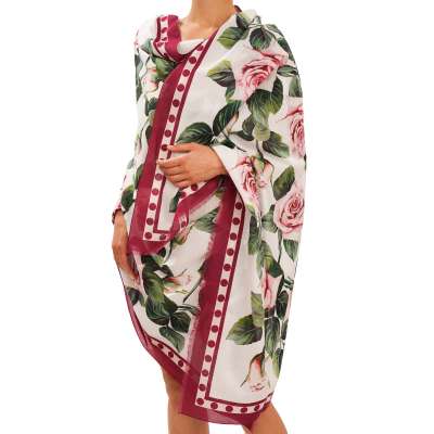Großer Baumwolle Schal Foulard Pareo Rose Rosen Print Pink Weiß