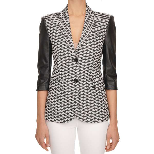 Leather and cotton Blazer / Jacket OPTICAL with geometric pattern and Philipp Plein Logo in front in gray and black by PHILIPP PLEIN COUTURE