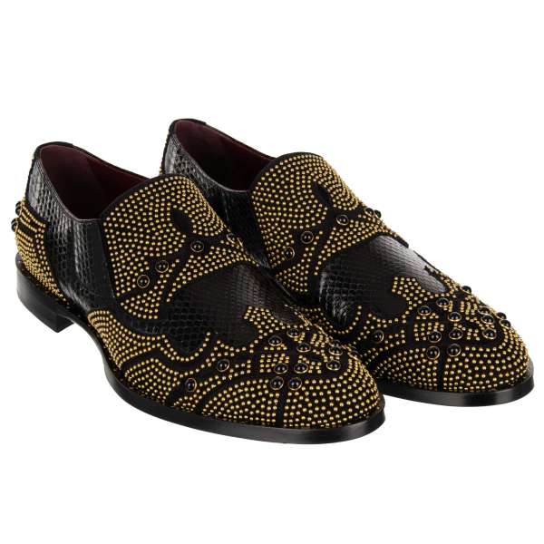 Schlangenleder Loafer Schuhe NAPLES  mit Perlen und Nieten in Gold und Schwarz von DOLCE & GABBANA