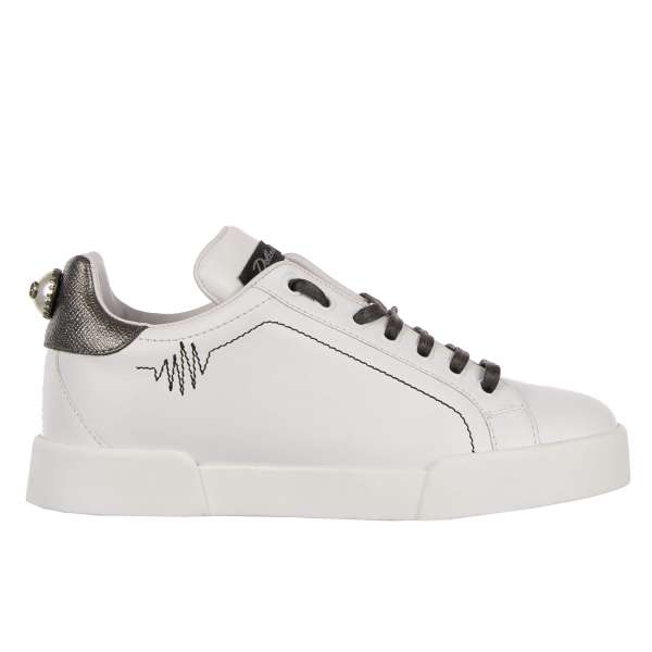 Leather Sneaker PORTOFINO with DG Pearl on the back and stitching in silver and white by DOLCE & GABBANA