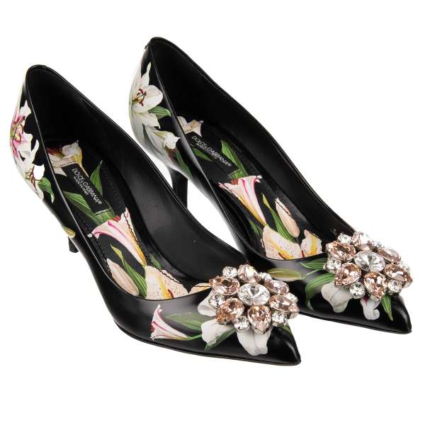 Pointed leather Pumps BELLUCCI with crystals brooch and peony print by DOLCE & GABBANA