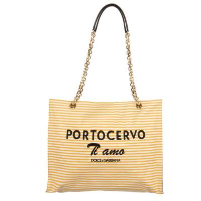 Embroidered Canvas and Leather Shopper Bag PORTO CERVO Yellow Brown