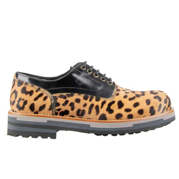 Stabile Derby Schuhe BAGHERIA aus Fell und Glattleder in Leopard Print und Schwarz mit massiver Sohle von DOLCE & GABBANA