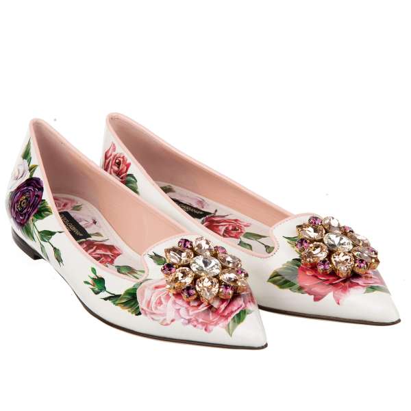 Pointed Patent Leather Flats BELLUCCI in pink and white with roses print and crystal brooch by DOLCE & GABBANA