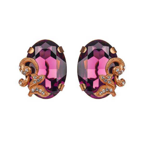 "Strass" Clip Earrings adorned with crystals and floral elements in purple and gold by DOLCE & GABBANA