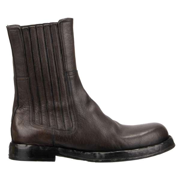 Leather Ankle Boots PERUGINO with elastic sides in brown by DOLCE & GABBANA 