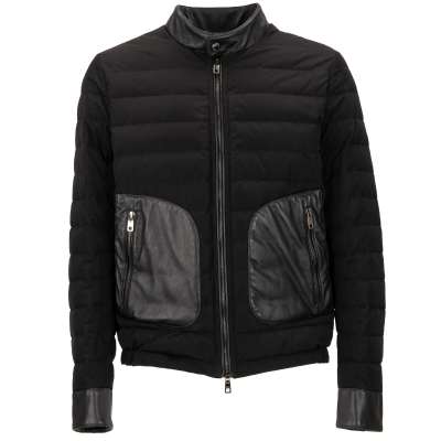 Daunenjacke mit Details aus Nappa Leder mit Zip Taschen Schwarz 48 M Daunenjacke mit Details aus Nappa Leder mit Zip Taschen Schwarz 48 M