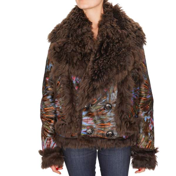 Calf leather and lamb fur Jacket / Parka with multicolor pattern in brown, blue and pink by DSQUARED2