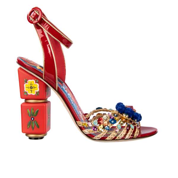 Jeweled ankle strap raffia and patent leather sandals KEIRA with painted Carreto Siciliano heel and pom pom and flowers embellishments by DOLCE & GABBANA Black Label