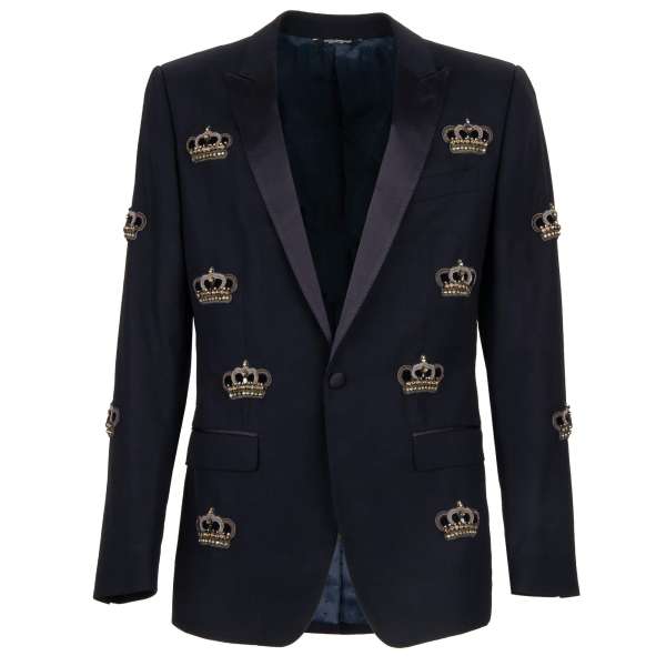 Virgin wool blend blazer with crystal crown goldwork hand-made embroidery and silk peak lapel in blue by DOLCE & GABBANA