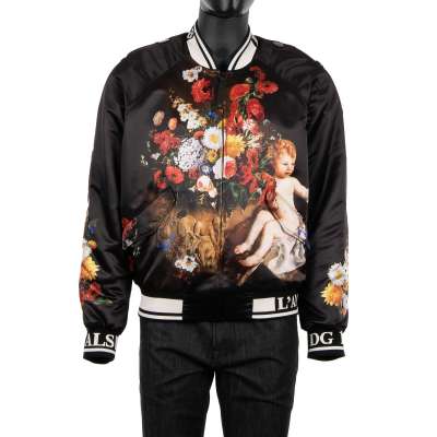 Weit Geschnittene Barock Jacke mit Engel und Blumen Print Schwarz 