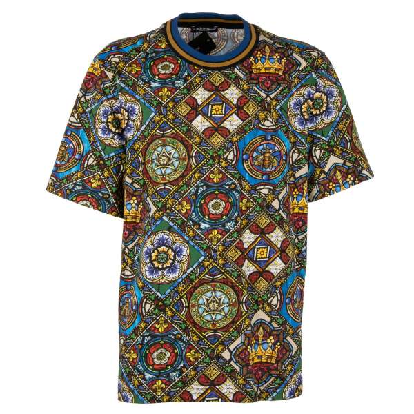 Oversize Cotton T-Shirt with Napoleon Bee, Crown print, ripped details and pocket in blue, yellow and black by DOLCE & GABBANA
