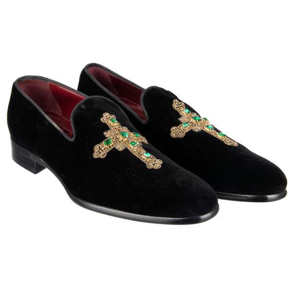 Velvet Loafer SIENA with embroidered Cross made of metallic gold seam and emerald green crystals by DOLCE & GABBANA