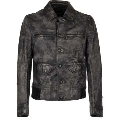 Vintage Leather Jacket with Pockets Black 48 M
