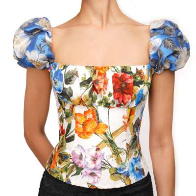 Flower Jacquard Cotton Corsage Top White Orange Blue 42 S