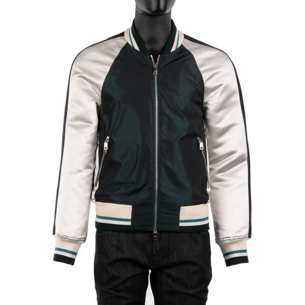 Collared stuffed be-color nylon bomber jacket / college jacket in green and gray by DOLCE & GABBANA Black Line