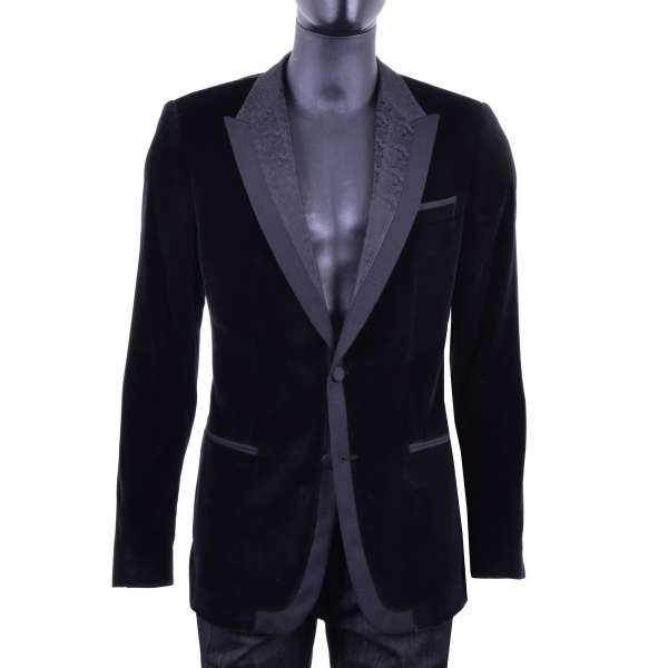 Velvet Baroque Style Tuxedo Blazer with a textured contrast lapel by DOLCE & GABBANA Black Label