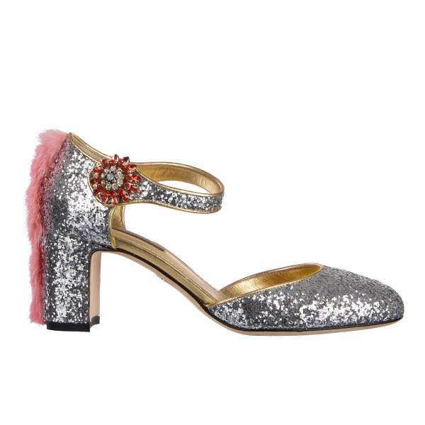 Glitter Design Mary Jane Pumps VALLY embellished with mink fur and crystals buckle by DOLCE & GABBANA Black Label