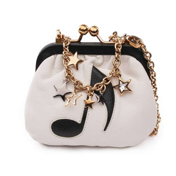 Lambskin purse bag with metal stars crystal chain strap and music note in white, black and gold by DOLCE & GABBANA