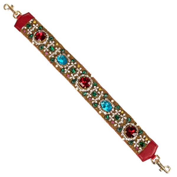 Cotton and raffia bag Strap / Handle embellished with hand made crystal and goldwork embroidery in gold and red by DOLCE & GABBANA