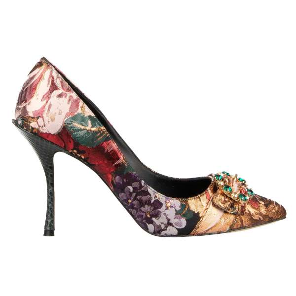 Pointed lurex jacquard and snake skin Pumps LORI with crystal brooch and floral print in pink, green and purple by DOLCE & GABBANA