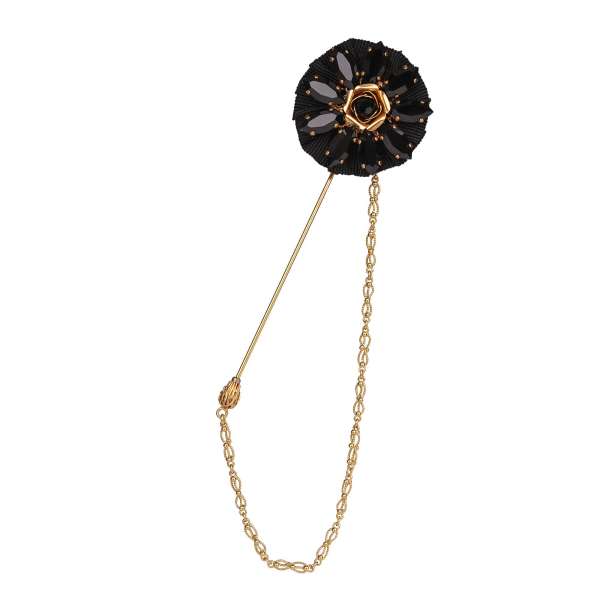 Men Brooch / Jacket Lapel Pin with flower, crystals and chain in black and gold by DOLCE & GABBANA
