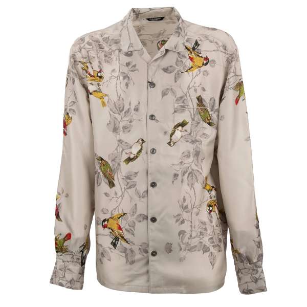 Silk shirt / Pyjama with birds and trees print and front pocket in gray by DOLCE & GABBANA