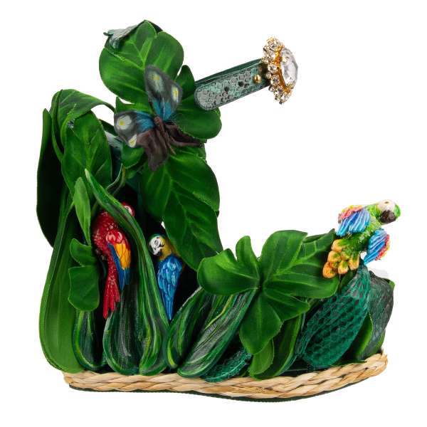 Woven Straw, Snake and Silk Cage Plateau Sandals / Wedges BIANCA embellished with crystal brooches and hand painted parrots in green by DOLCE & GABBANA
