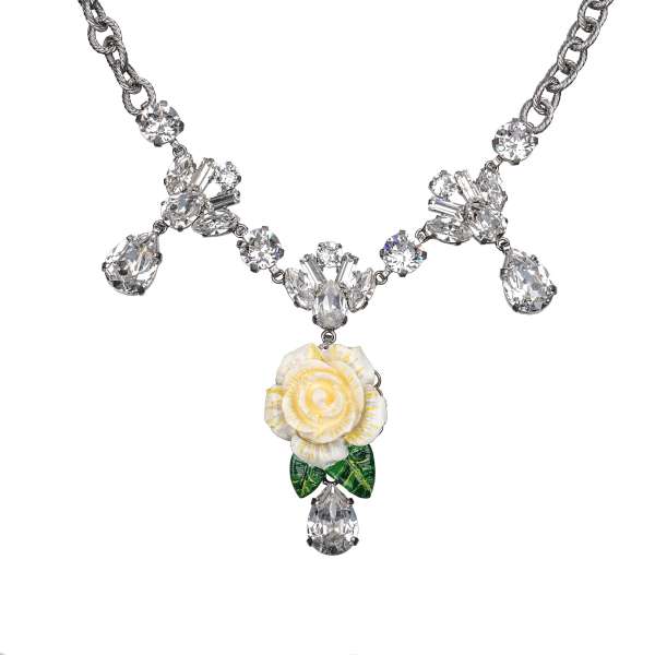 Chocker necklace with crystals, and hand painted rose pendant in silver, white and yellow by DOLCE & GABBANA