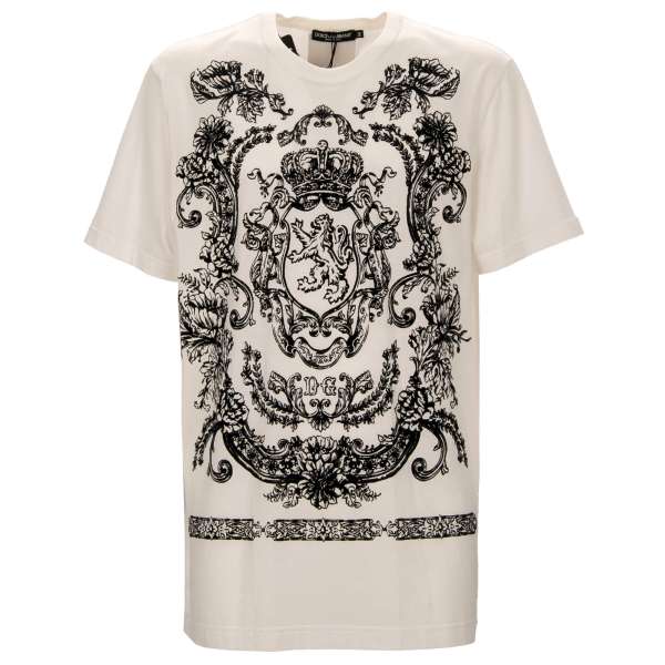 Cotton T-Shirt with DG Logo Patch and Baroque velvet Lion Crown motive in black and white by DOLCE & GABBANA