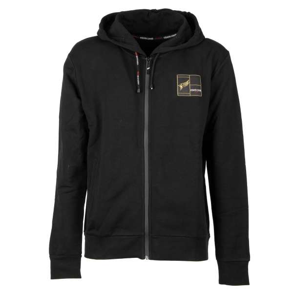 Cotton Hoody with painted Eagle and logo plate in black by ROBERTO CAVALLI Sport