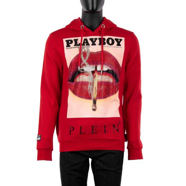 Hoody with a crystals graphic print of a magazine cover of of Lauren Young's lips at the front and crystals embellished 'Playboy Plein' lettering printed at the back by PHILIPP PLEIN x PLAYBOY