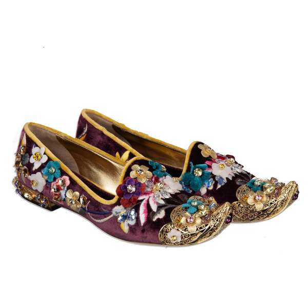 Baroque Velvet Loafers JASMINE with gold metal embellishments, floral embroidery and crystals by DOLCE & GABBANA Black Label