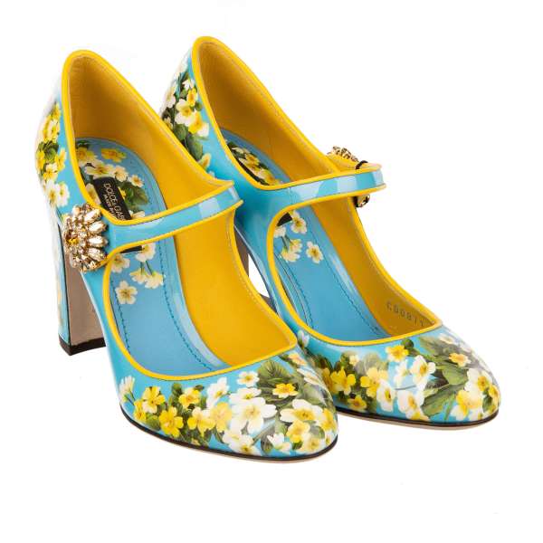 High Heel Pumps VALLY aus Leder mit Blumen Print und Kristall Brosche Schnalle in Blau und Gelb von DOLCE & GABBANA 