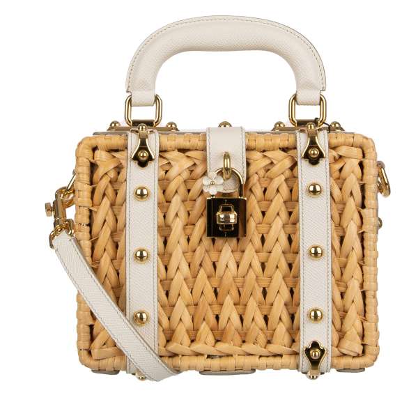 Einzigartige handgefertigte Umhängetasche / Clutch DOLCE BOX aus Stroh und Dauphine Leder mit vielen Nieten und dekorativem Schloss mit Blume von DOLCE & GABBANA
