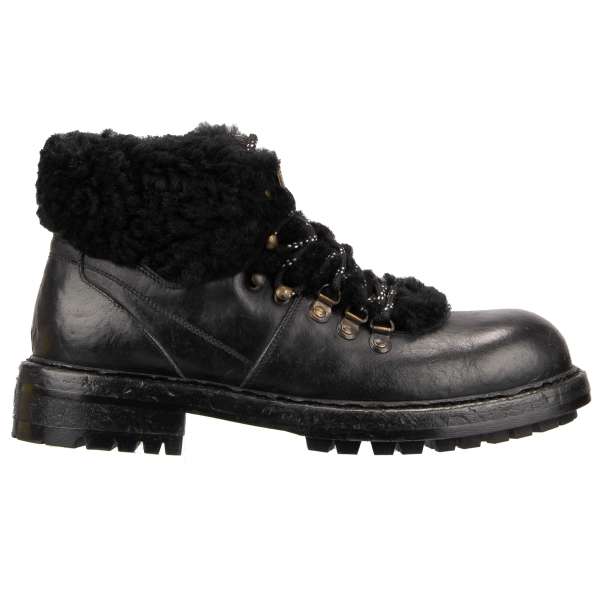 Trekking Leather Boots with llamb fur trim in black by DOLCE & GABBANA 