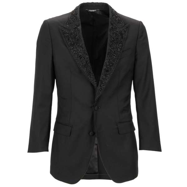 Virgin wool tuxedo / blazer with handmade pearls and crystals embroidery at the lapel in black by DOLCE & GABBANA