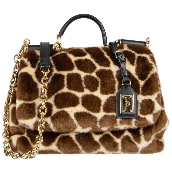 Calf leather and faux fur Tote / Shoulder Bag SICILY Mini embellished with logo plate pendant in giraffe print by DOLCE & GABBANA