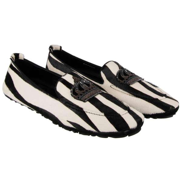 Pony Fur zebra printed loafer shoes YOUNG POPE with embroidered crown in black and white by DOLCE & GABBANA