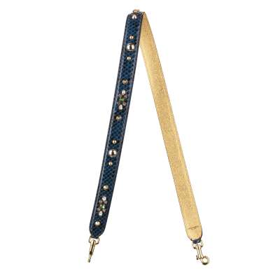 Crystal Pearl Snake Leather Bag Strap Handle Gold Blue