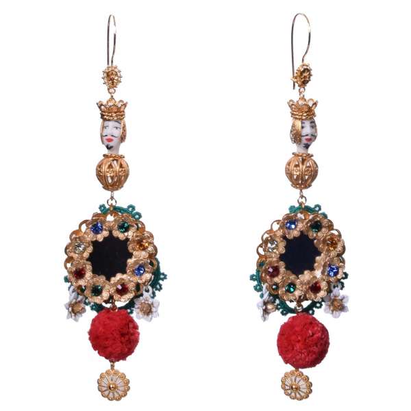 "Sicilia" Testa di Moro Earrings with Strass, Mirror and Flowers in Gold by DOLCE & GABBANA