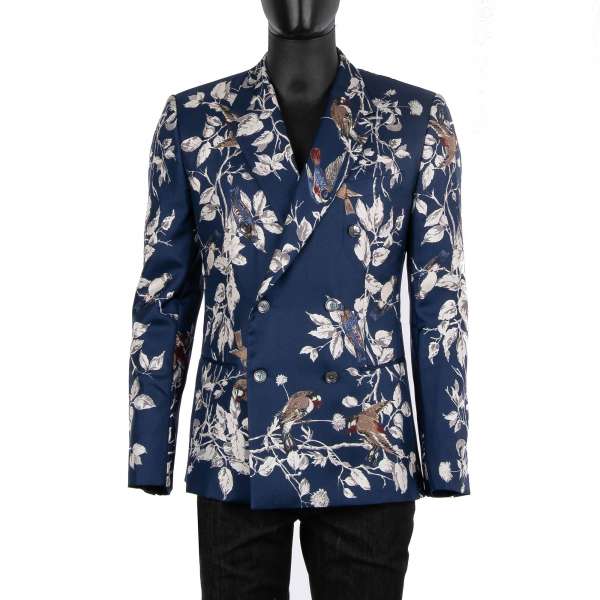 Zweireihiger Blazer aus Seide mit Vögeln und Bäumen Print in blau und weiß von DOLCE & GABBANA Black Label