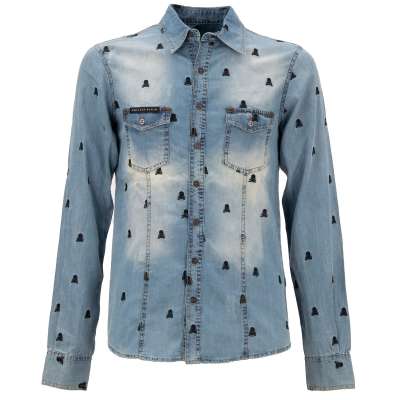 Skull Embroidery Denim Jeans MARLON Shirt Blue