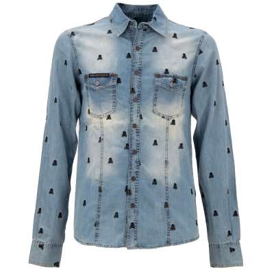 Denim Jeans Skull Stickerei MARLON Hemd Blau