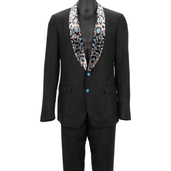 Linen suit with leopard pattern sequin embroidered shawl lapel in silver, blue and black by DOLCE & GABBANA 